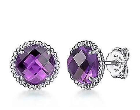 Women’s round earrings-925 Sterling Silver Amethyst Stud Earrings with Bujukan Bead Frame