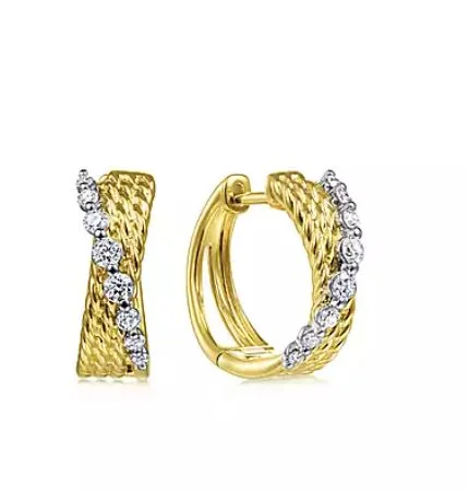 Women’s art deco earrings-14K Yellow-White Gold Twisted 15mm Diamond Huggies