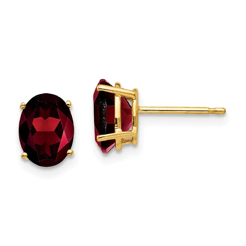 Women’s chandelier earrings-8X6MM Oval Garnet Stud Earrings in 14KT Yellow Gold