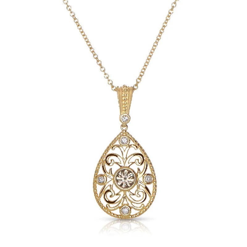 Women’s charm necklace-Fancy Brown Diamond Open Scrollwork Pendant, 14K Yellow Gold