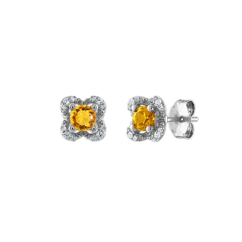 Women’s unique earrings-4MM Round Citrine and White Sapphire Birthstone Flower Halo Earrings in Sterling Silver