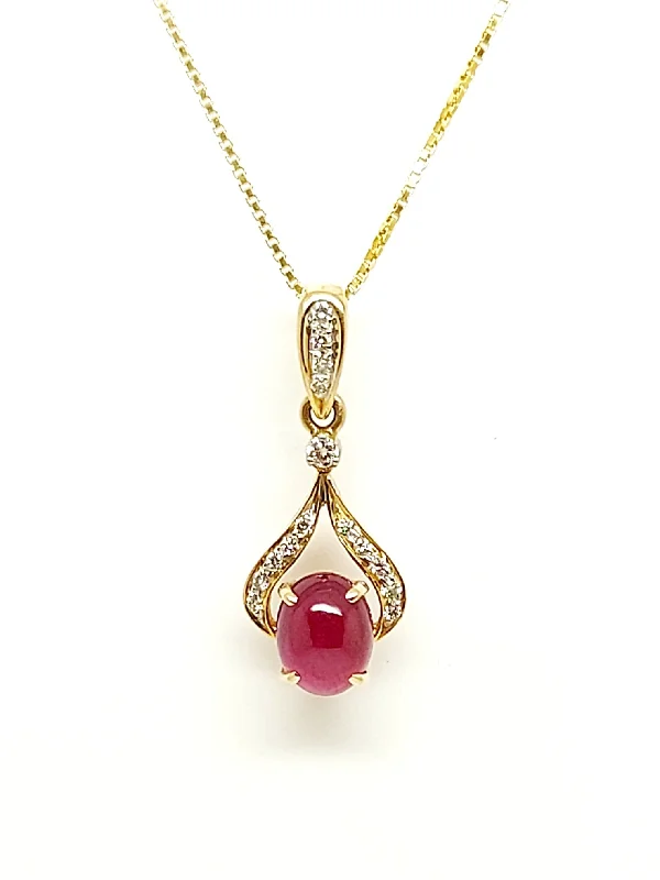 Women’s fine necklace-Oval Uncut Ruby Pendant With Diamond Bail In 14k Yellow Gold