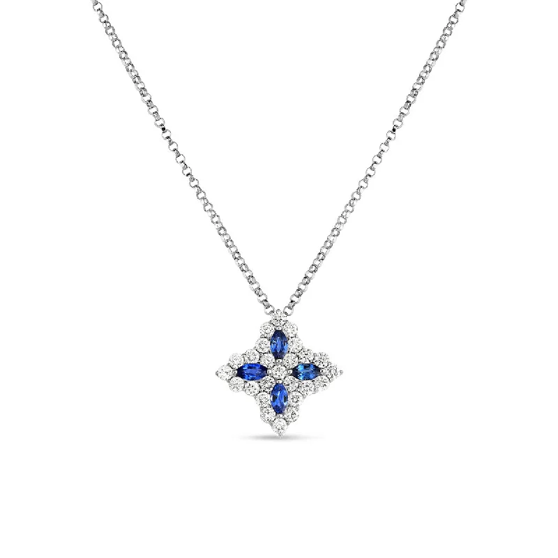 Women’s large pendant necklace-Diamond and Sapphire Princess Flower Medium Pendant