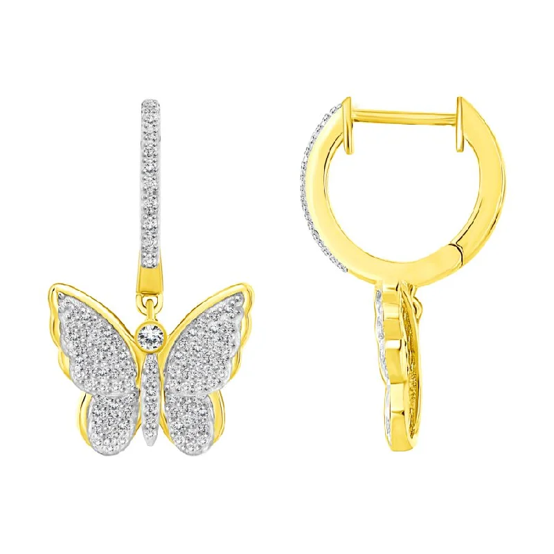 Women’s cubic zirconia earrings-LADIES HOOP EARRINGS 0.25CT ROUND DIAMOND 10K YELLOW GOLD