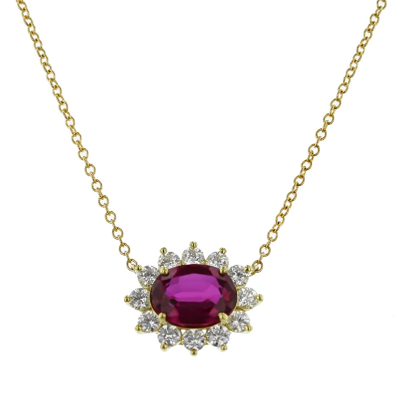 Women’s animal pendant necklace-18K Yellow Gold Ruby and Diamond Halo Pendant