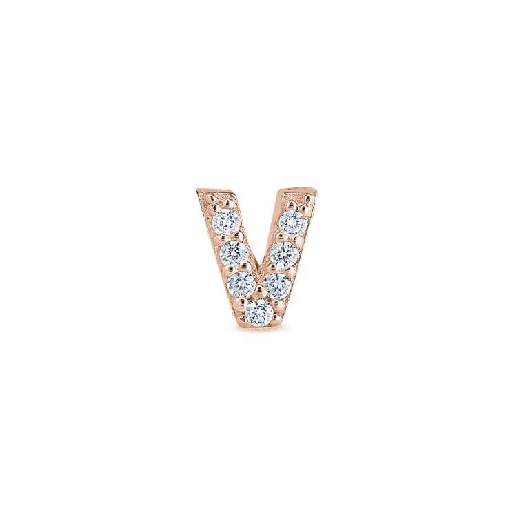 Women’s classic diamond engagement ring-Rose Gold Finish Sterling Silver Micropave V Initial Charm with Simulated Diamonds