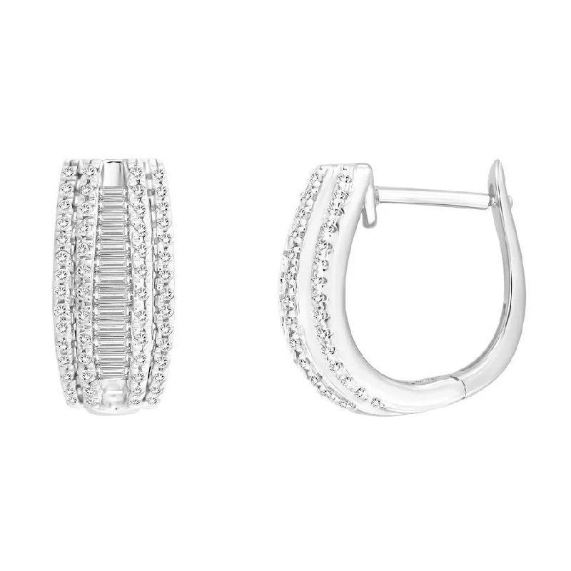 Women’s diamond stud earrings-LADIES HOOP EARRINGS 0.50CT ROUND/BAGUETTE DIAMOND 10K WHITE GOLD