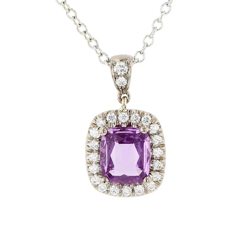 Women’s long gold necklace-Cushion-cut Pink Sapphire and Diamond Halo Pendant