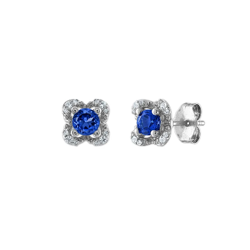 Women’s handmade earrings-4MM Round Sapphire and White Sapphire Birthstone Flower Halo Earrings in Sterling Silver