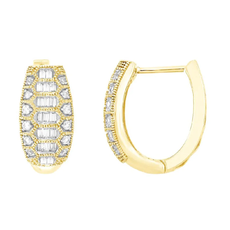 Women’s round earrings-LADIES HOOP EARRINGS 0.25CT ROUND/BAGUETTE DIAMOND 10K YELLOW GOLD