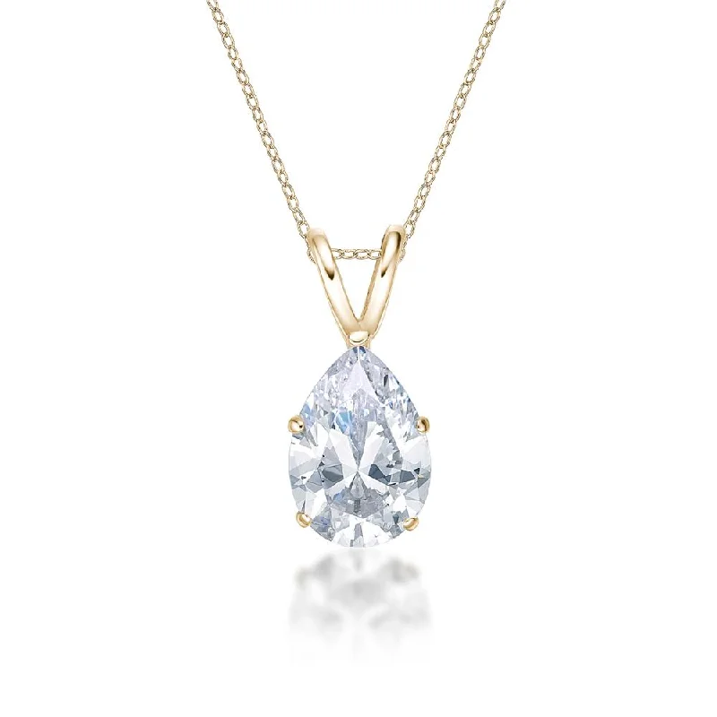 Women’s diamond necklace-Pear solitaire pendant with 2 carat* diamond simulant in 10 carat yellow gold