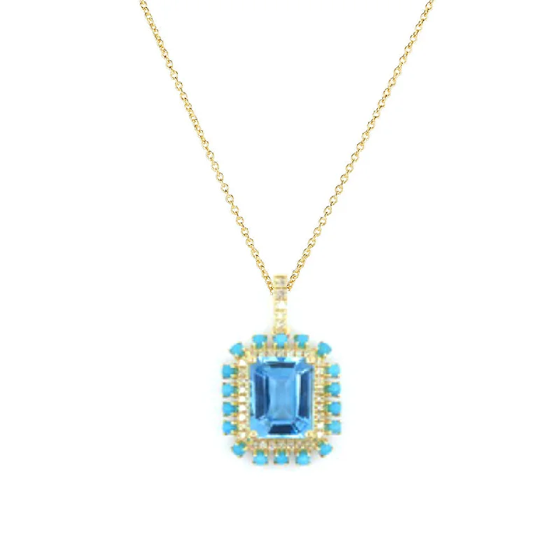 Women’s pendant necklace-Blue Topaz, Diamond and Turquoise Pendant, 14K Yellow Gold