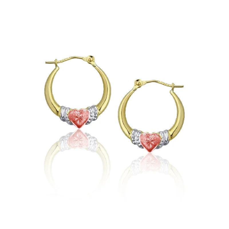 Women’s double hoop earrings-10KT Gold Tri-Color 18MM Hoop Heart Earrings