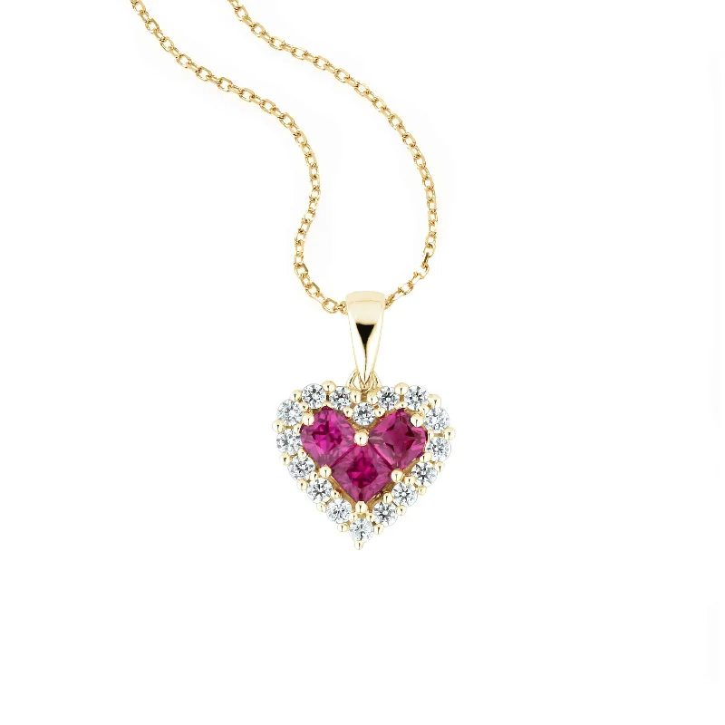 Women’s heart-shaped necklace-Ruby and Diamond Halo Heart Pendant, 14K Yellow Gold