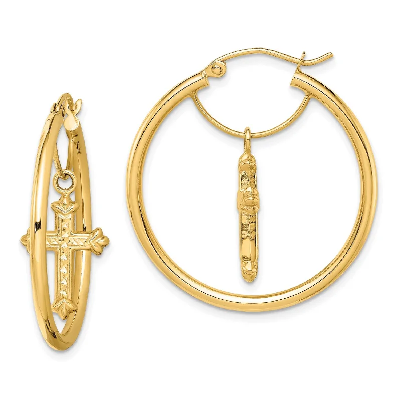 Women’s hoop earrings-14KT Yellow Gold Diamond-cut Cross Hoop Earrings