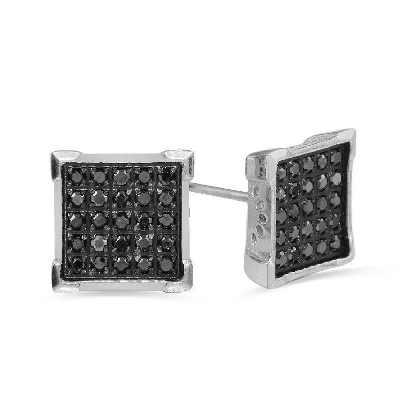 Women’s gold chandelier earrings-Stainless Steel Square Stud Earrings with 1/4 CTW Pave Black Diamonds