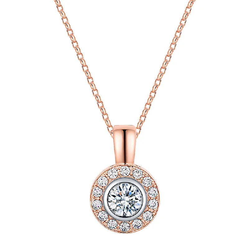 Women’s minimalist necklace-Halo pendant with 1.45 carats* of diamond simulants in 10 carat rose and white gold