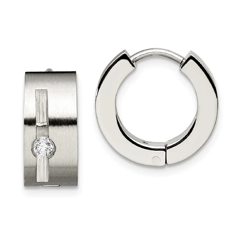 Women’s gemstone stud earrings-Stainless Steel CZ Brushed & Polished Round Hinged Hoop Earrings