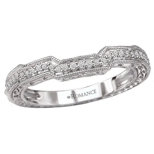 Women’s solitaire engagement ring-14KT WHITE GOLD 1/10 CTW DIAMOND FILIGREE & MILGRAIN CURVED BAND