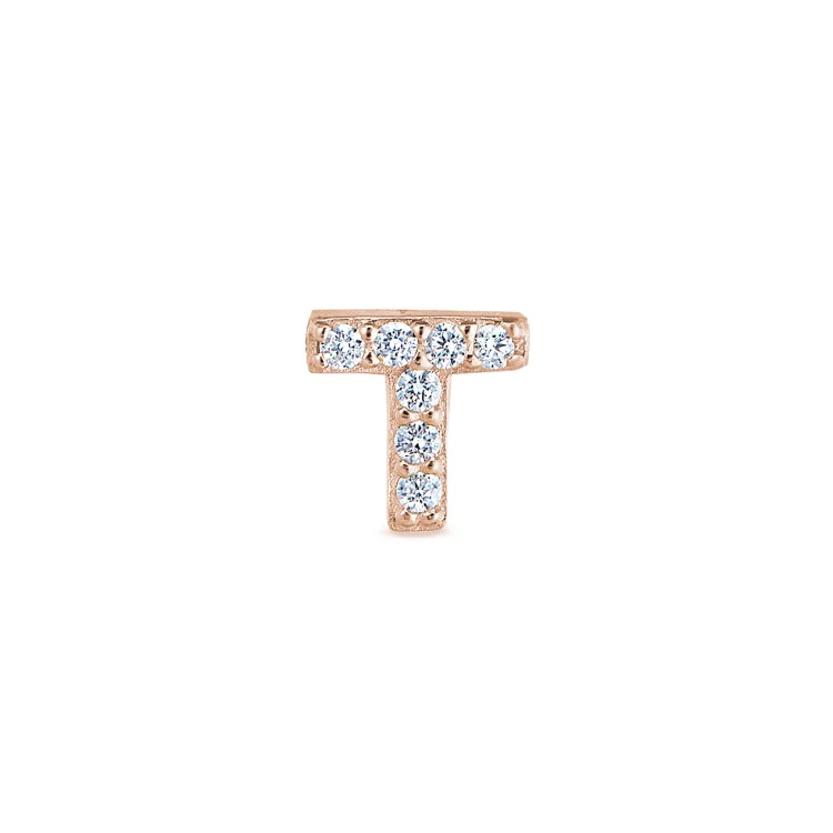 Women’s wide band engagement ring-Rose Gold Finish Sterling Silver Micropave T Initial Charm with Simulated Diamonds