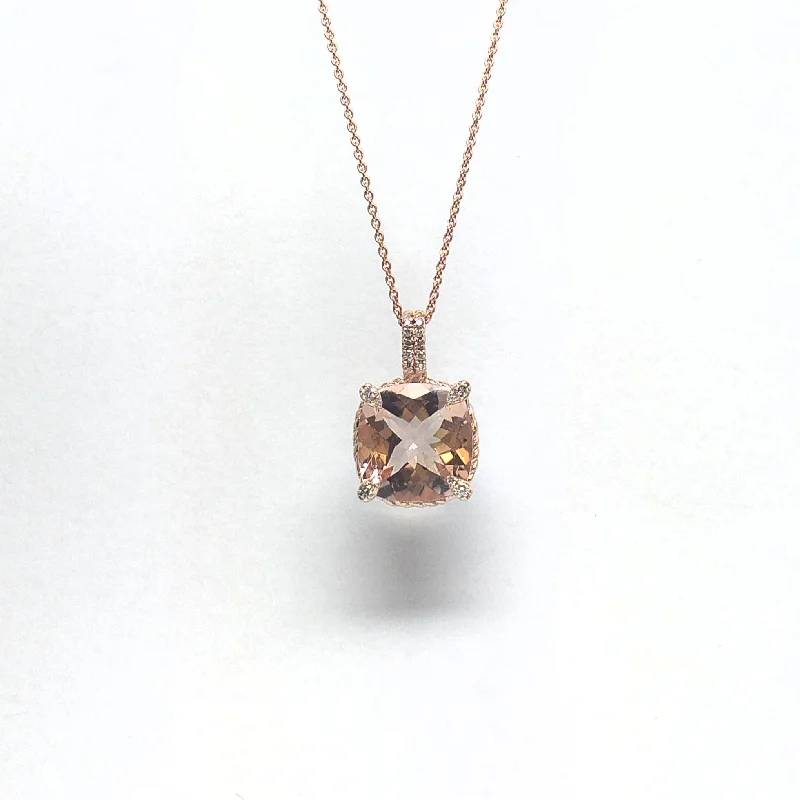 Women’s designer necklace-Morganite And Diamond  Pave Pendant set with 14k Rose gold