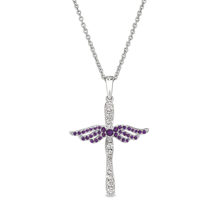 Women’s art deco engagement ring-Platinum Finish Sterling Silver Micropave Angel Wings Cross with Simulated Amethyst & Diamonds on 16" - 18" Adjustable Chain