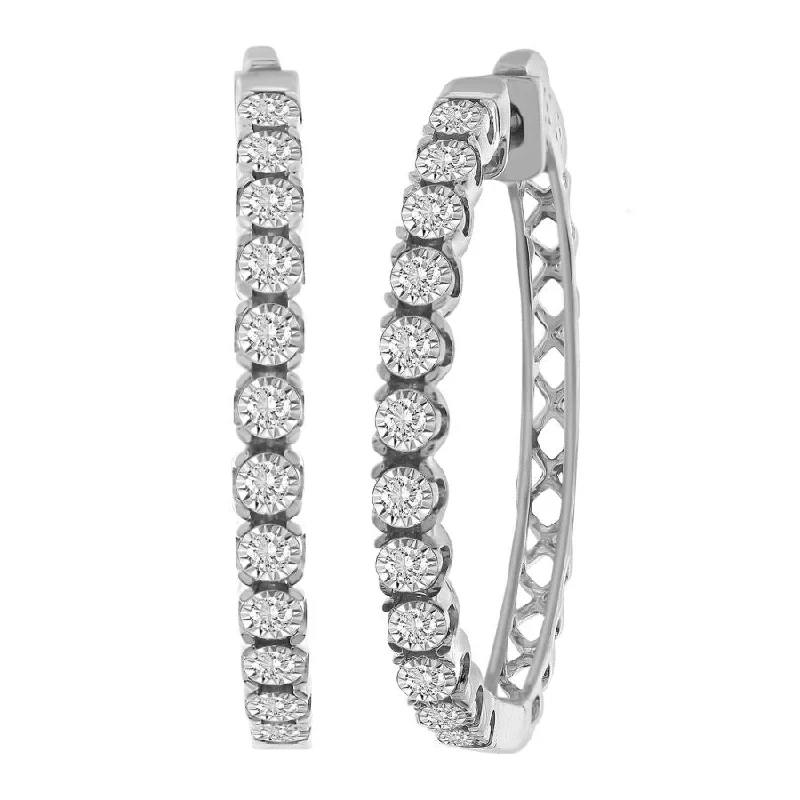 Women’s floral earrings-LADIES HOOP EARRINGS 0.50CT ROUND DIAMOND 10K WHITE GOLD