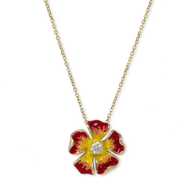 Women’s rose gold necklace-Magnolia Raspberry Pink Diamond Flower Pendant, 14K Yellow Gold