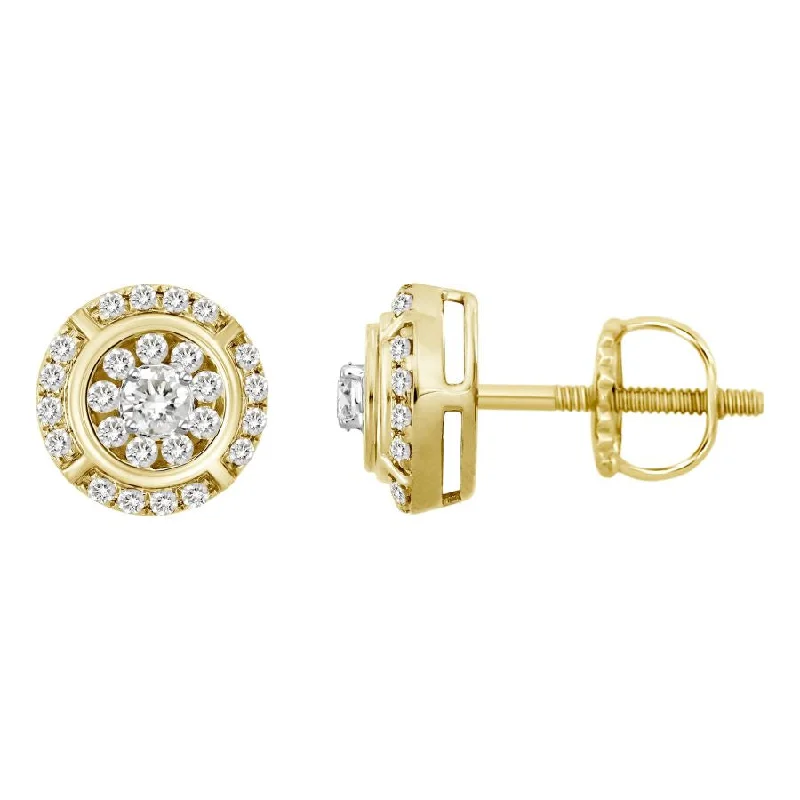 Women’s small gold earrings-MEN'S STUD EARRINGS 1.00CT ROUND DIAMOND 10K YELLOW GOLD