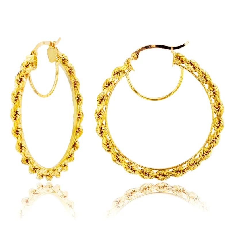 Women’s bohemian earrings-10KT Yellow Gold 38X3MM Hoop Rope Design Earrings