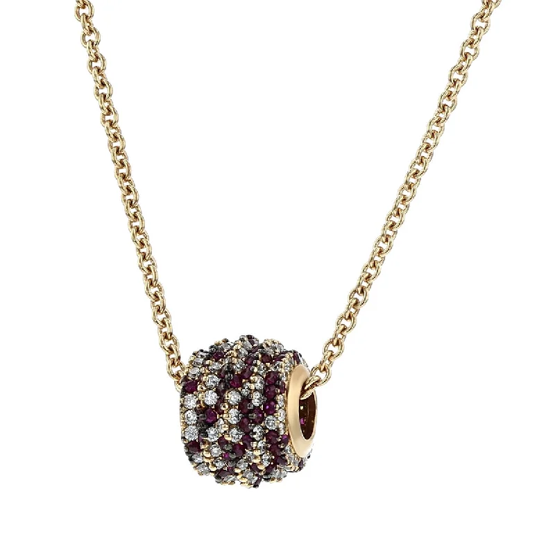 Women’s round pendant necklace-18K Gold Ruby and Diamond Ball Slide Pendant