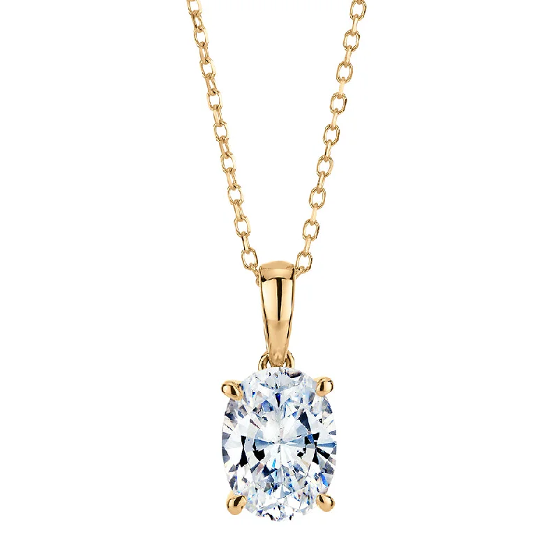 Women’s gold necklace-Oval and Round Brilliant solitaire pendant with 1.25 carats* of diamond simulants in 10 carat yellow gold