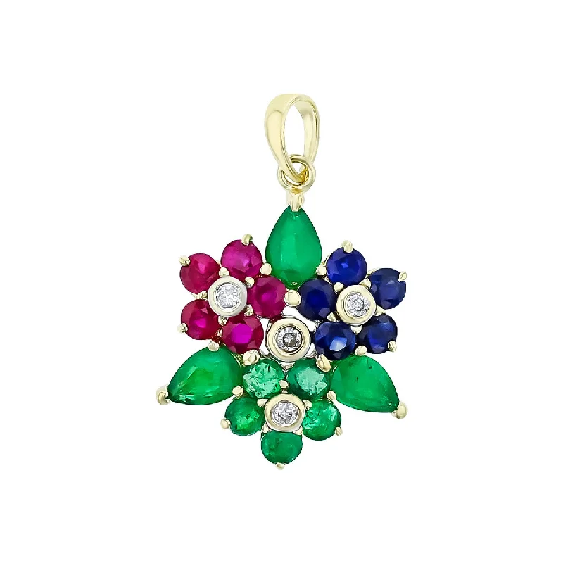 Women’s birthstone pendant necklace-Emerald, Ruby, Sapphire and Diamond Cluster Pendant