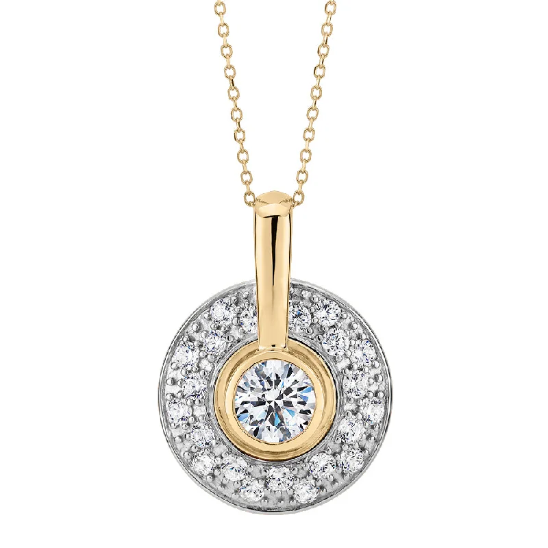 Women’s bridal necklace-Halo pendant with 1.75 carats* of diamond simulants in 10 carat yellow gold and sterling silver