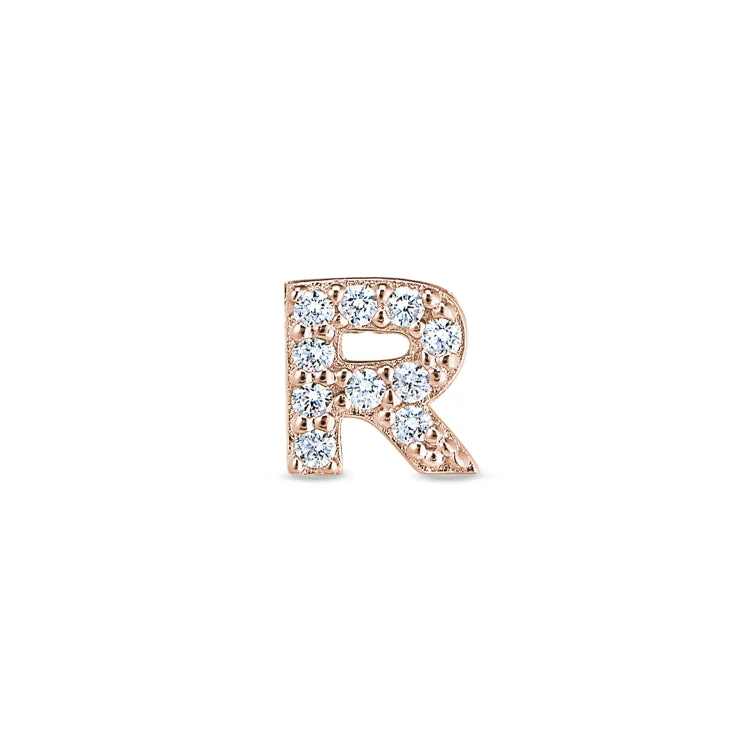 Women’s platinum band engagement ring-Rose Gold Finish Sterling Silver Micropave R Initial Charm with Simulated Diamonds