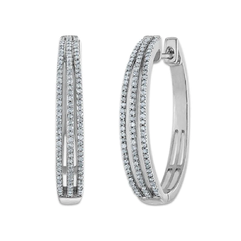 Women’s gold chandelier earrings-1/2 CTW Diamond Hoop Earrings in Rhodium Plated Sterling Silver