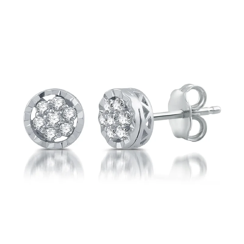 Women’s minimalist earrings-1/5 CTW Diamond Cluster Halo Stud Earrings in Rhodium Plated Sterling Silver