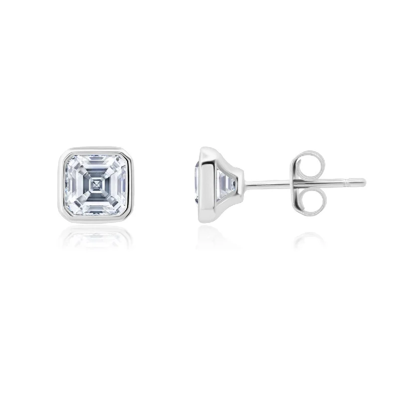 Women’s gold dangling earrings-Crislu Platinum Plated Sterling Silver Asscher Cubic Zirconia Solitaire Stud Earrings