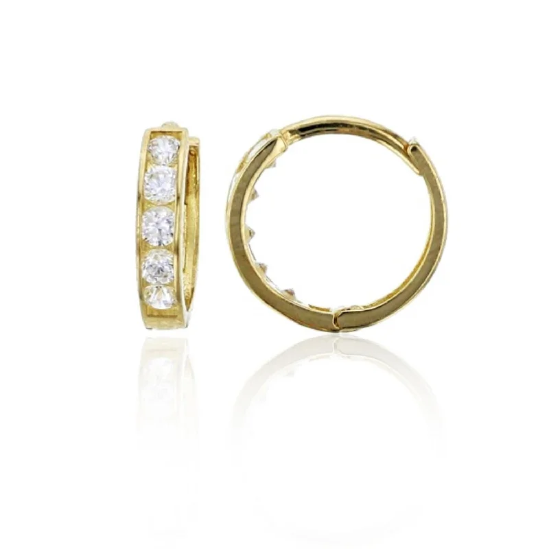 Women’s fashion earrings-14KT Yellow Gold Cubic Zirconia 2X10MM Huggie Earrings