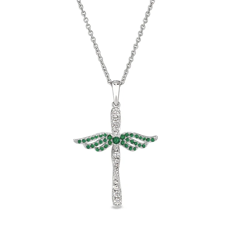 Women’s white gold engagement ring-Platinum Finish Sterling Silver Micropave Angel Wings Cross with Simulated Emeralds & Diamonds on 16" - 18" Adjustable Chain