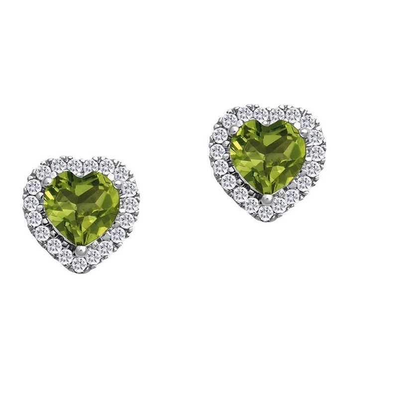 Women’s gemstone earrings-5MM Heart Shape Peridot and White Sapphire Birthstone Halo Stud Earrings in 10KT White Gold