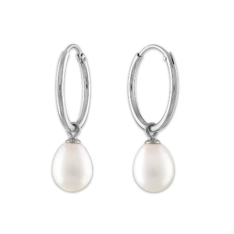 Women’s long earrings-Round Pearl Hoop Drop & Dangle 6-7.5MM Earrings in Rhodium Plated Sterling Silver