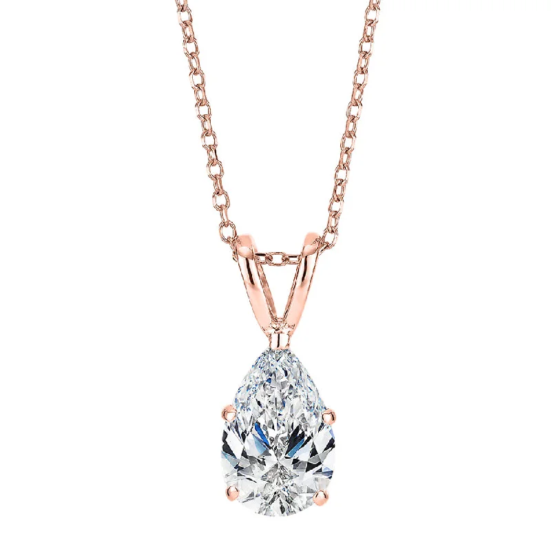 Women’s handmade necklace-Pear solitaire pendant with 1 carat* diamond simulant in 10 carat rose gold