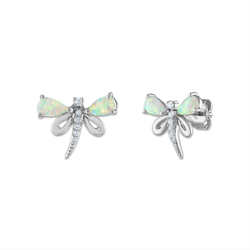 Women’s luxury earrings-5X3MM Pear Opal and White Sapphire Stud Dragonfly Earrings in Sterling Silver