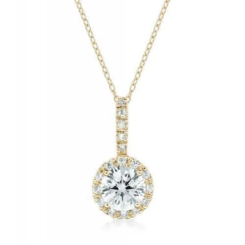 Women’s crystal necklace-Halo pendant with 1.45 carats* of diamond simulants in 10 carat yellow gold