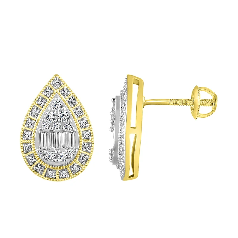 Women’s white gold earrings-LADIES EARRINGS 0.50CT ROUND/BAGUETTE DIAMOND 10K YELLOW GOLD