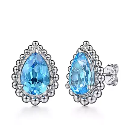 Women’s diamond halo earrings-925 Sterling Silver Swiss Blue Topaz Bujukan Pear Shape Stud Earrings With Pattern