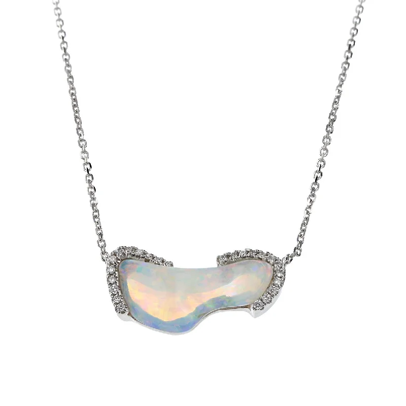 Women’s trendy necklace-14K White Gold Australian Opal and Diamond Pendant