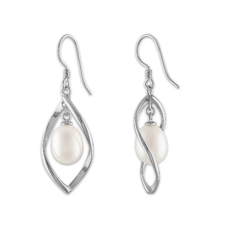 Women’s trendy earrings-Round Pearl Fashion Drop & Dangle 7.5-8MM Fresh Water Earrings in Rhodium Plated Sterling Silver