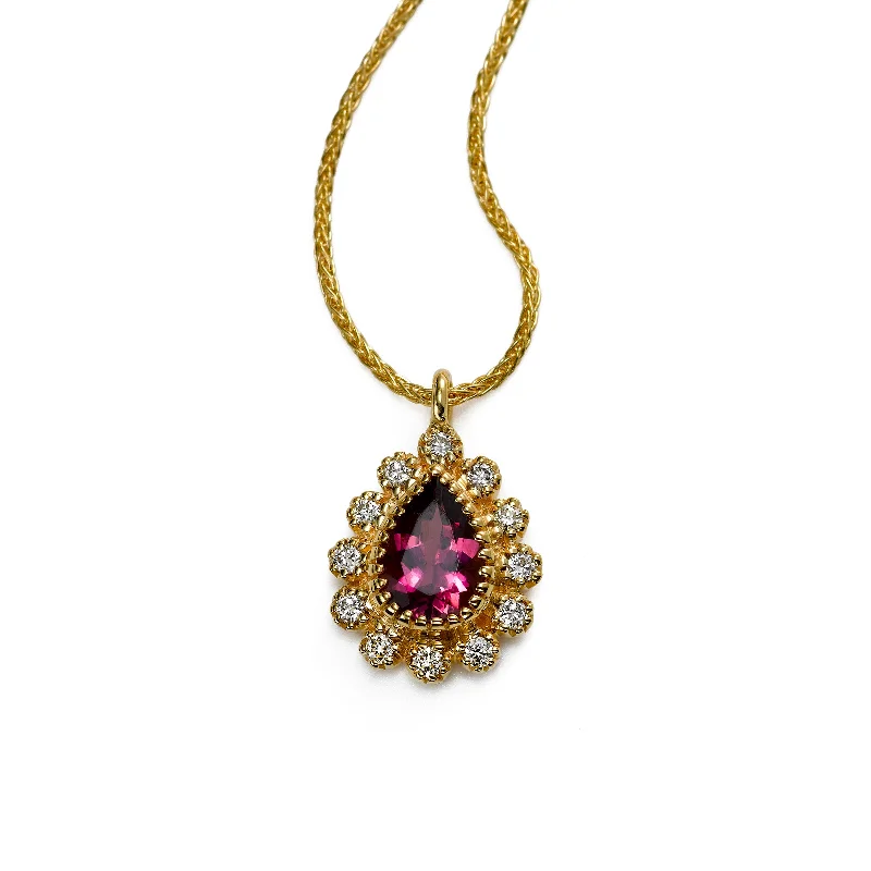 Women’s sparkling necklace-Pink Tourmaline and Diamond Pendant, 14K Yellow Gold